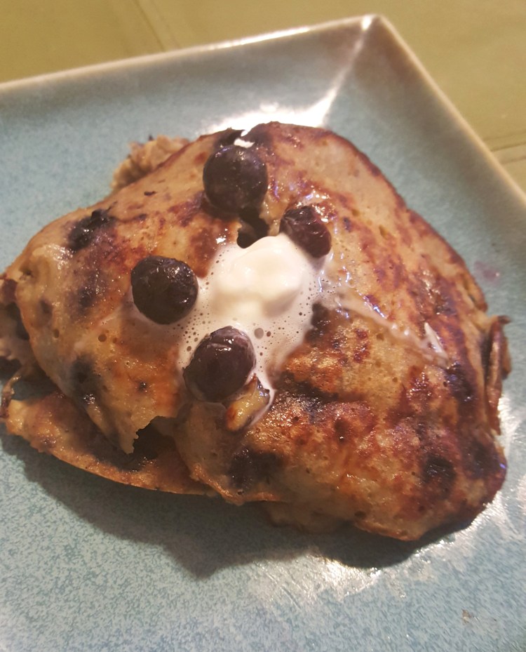 EASY Blueberry Banana Protein Pancake from Almost Her Blog! #easy #blueberry #banana #protein #pancake