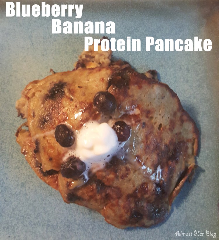 EASY Blueberry Banana Protein Pancake from Almost Her Blog! #easy #blueberry #banana #protein #pancake