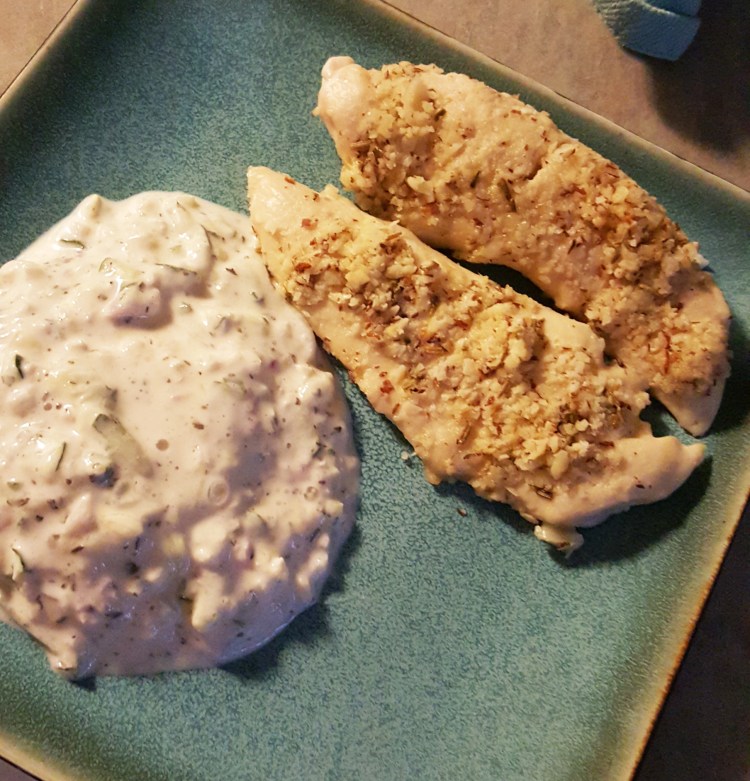 Finished Almond-crusted Chicken with the Cucumber Yogurt side!