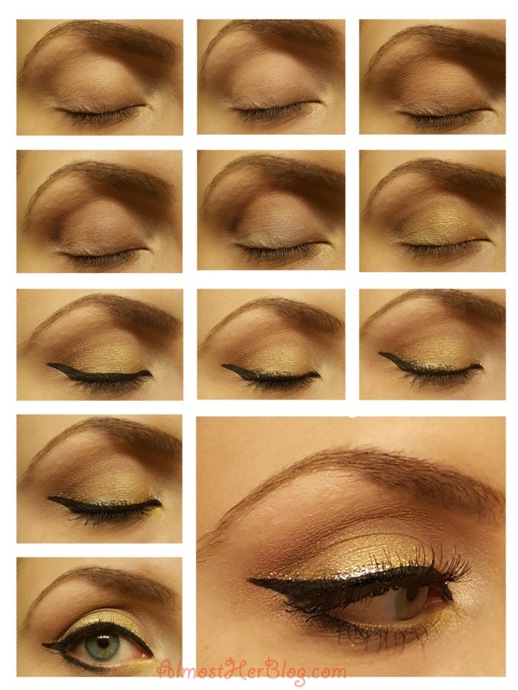 Pretty Christmas Gold Glitter Liner Look! Gold and Red at almostherblog.com #christmasmakeup #holidaylook #goldliner #goldandred #bblogger