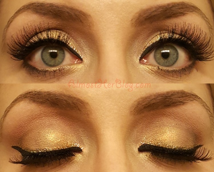 Pretty Christmas Gold Glitter Liner Look! Gold and Red at almostherblog.com #christmasmakeup #holidaylook #goldliner #goldandred #bblogger